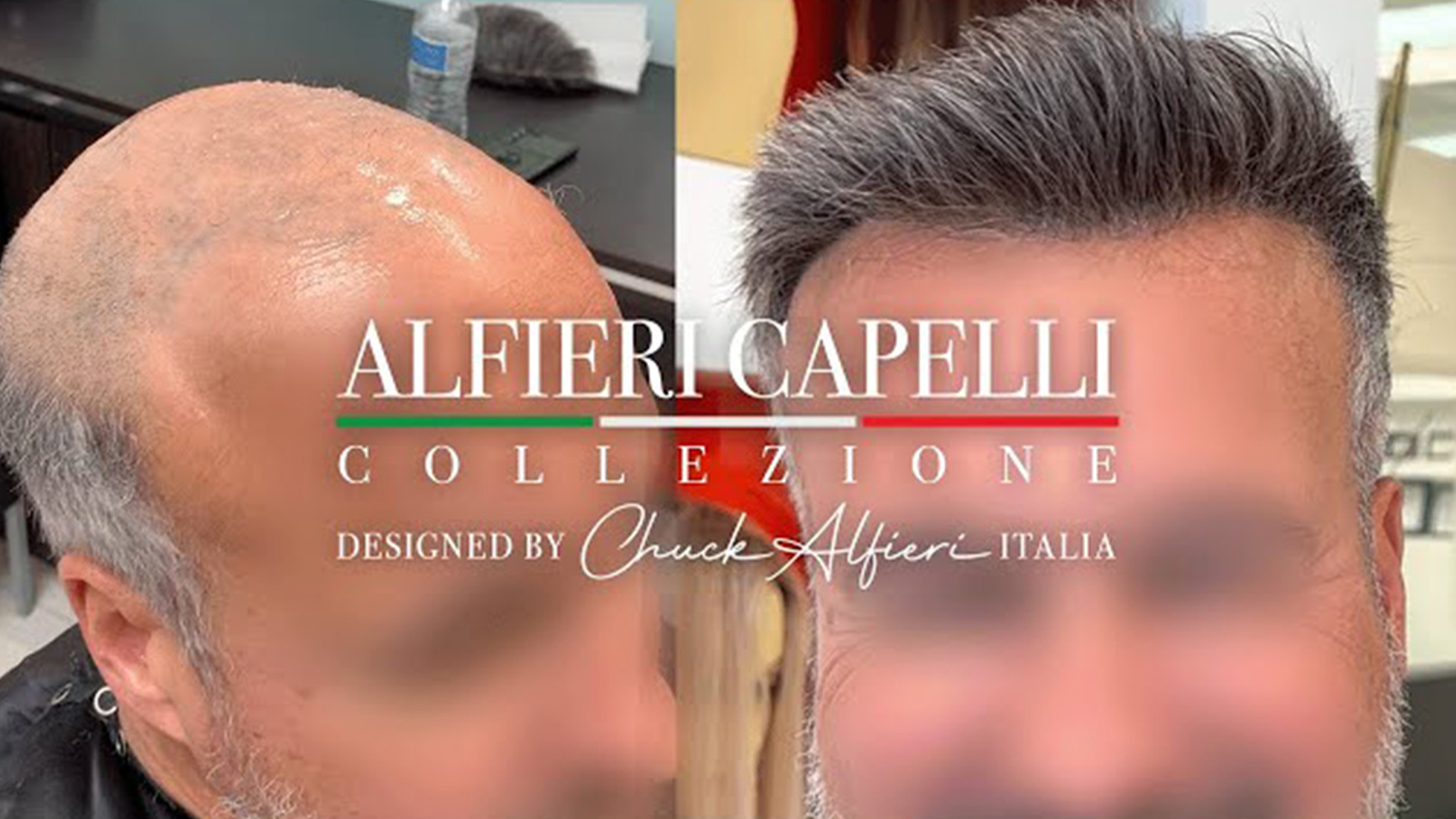 Split-screen before-and-after of two men's heads for a hair-restoration ad, with 'ALFIERI CAPELLI COLEZIONE' overlay text and 'DESIGNED BY Chuck Alfieri ITALIA'.